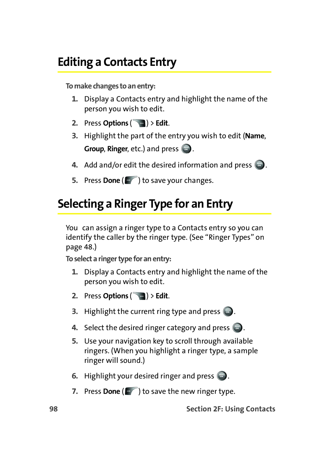 Samsung A900M manual Editing a Contacts Entry, Selecting a Ringer Type for an Entry, To make changes to an entry 