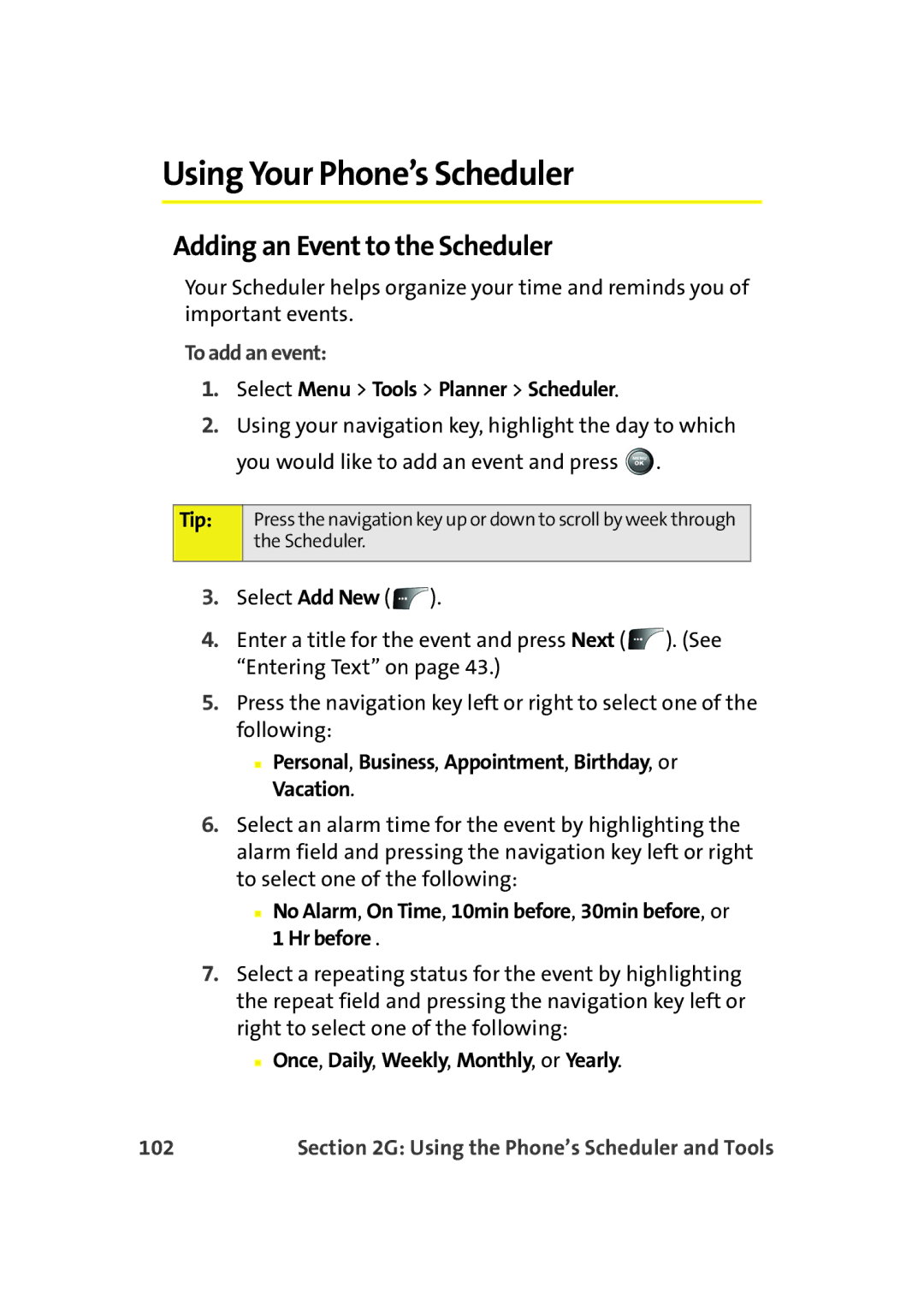 Samsung A900M manual Using Your Phone’s Scheduler, Adding an Event to the Scheduler, To add an event, 102 