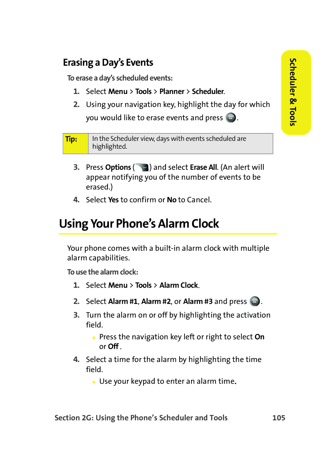 Samsung A900M manual Using Your Phone’s Alarm Clock, Erasing a Day’s Events, To erase a day’s scheduled events, 105 