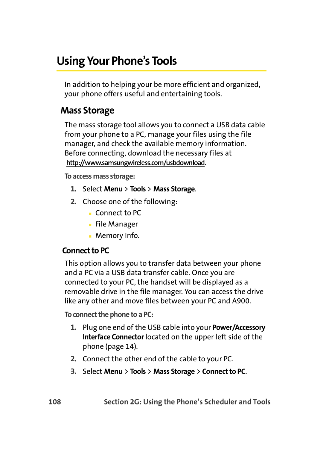 Samsung A900M manual Using Your Phone’s Tools, Mass Storage, Connect to PC 