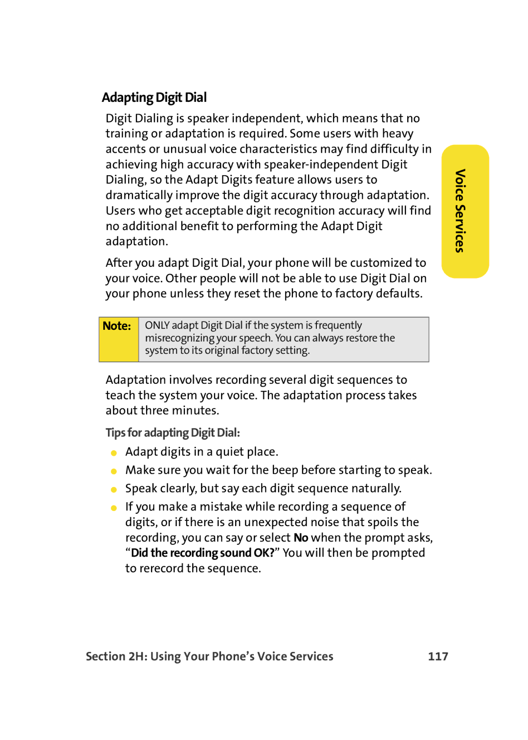 Samsung A900M manual Adapting Digit Dial, Tips for adapting Digit Dial, Using Your Phone’s Voice Services 117 