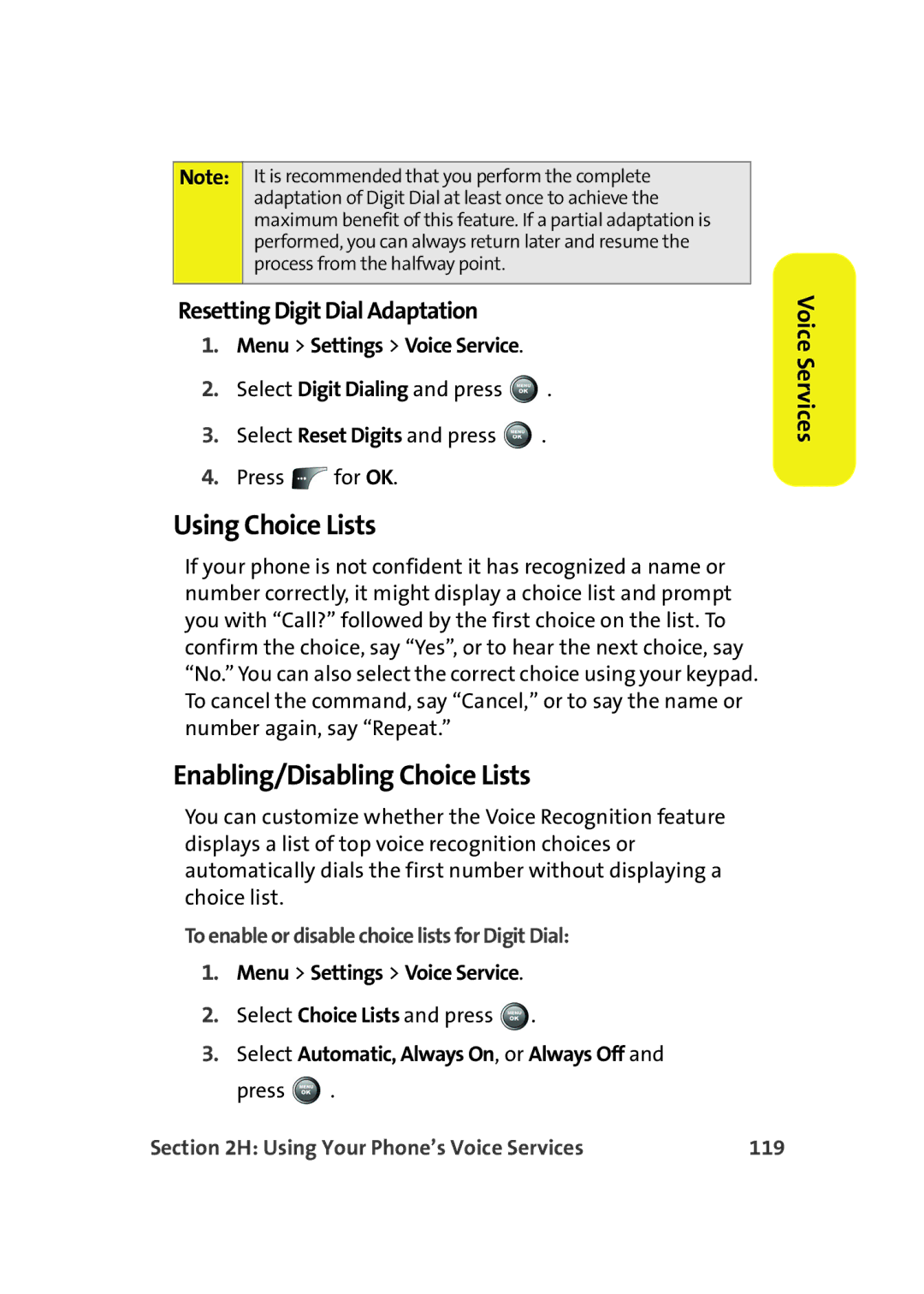 Samsung A900M manual Using Choice Lists, Enabling/Disabling Choice Lists, Resetting Digit Dial Adaptation 