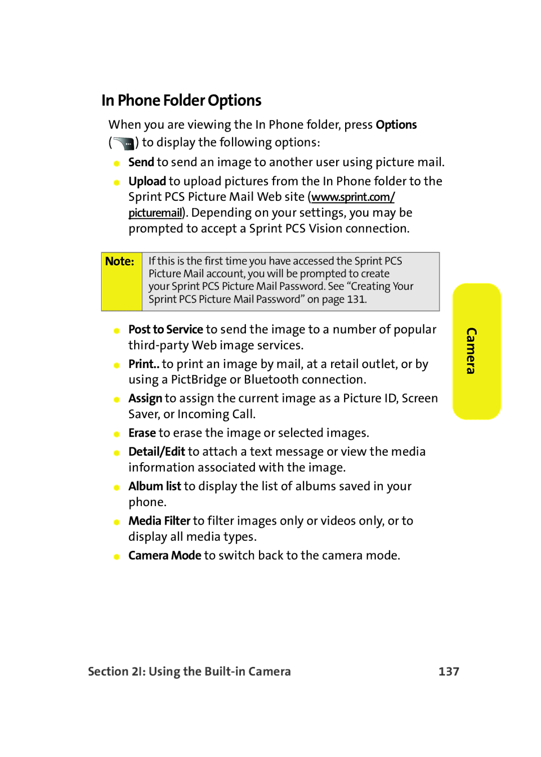 Samsung A900M manual Phone Folder Options, Using the Built-in Camera 137 