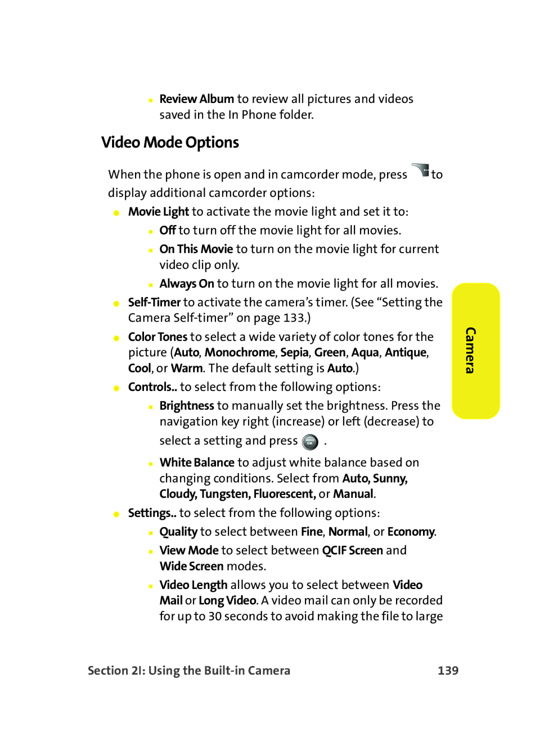 Samsung A900M manual Video Mode Options, Using the Built-in Camera 139 