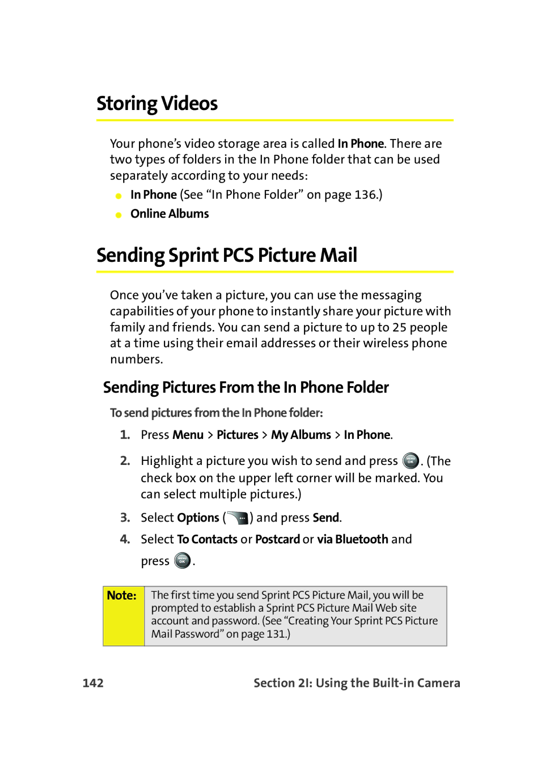 Samsung A900M manual Storing Videos, Sending Sprint PCS Picture Mail, Sending Pictures From the In Phone Folder, 142 