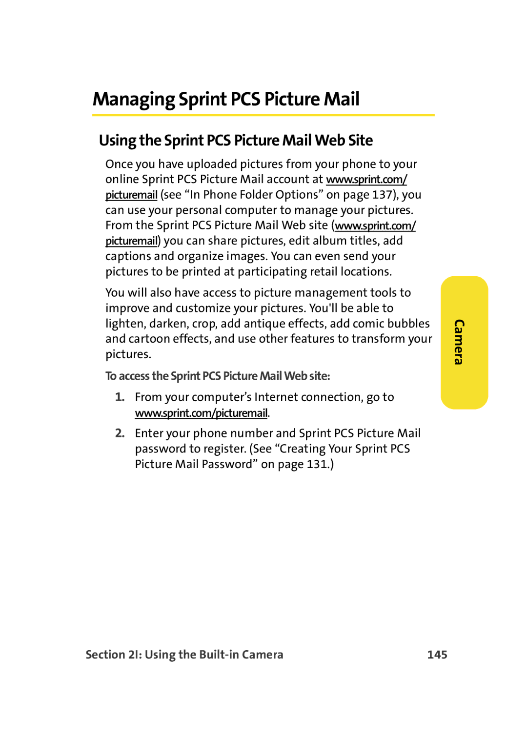 Samsung A900M Managing Sprint PCS Picture Mail, Using the Sprint PCS Picture Mail Web Site, Using the Built-in Camera 145 