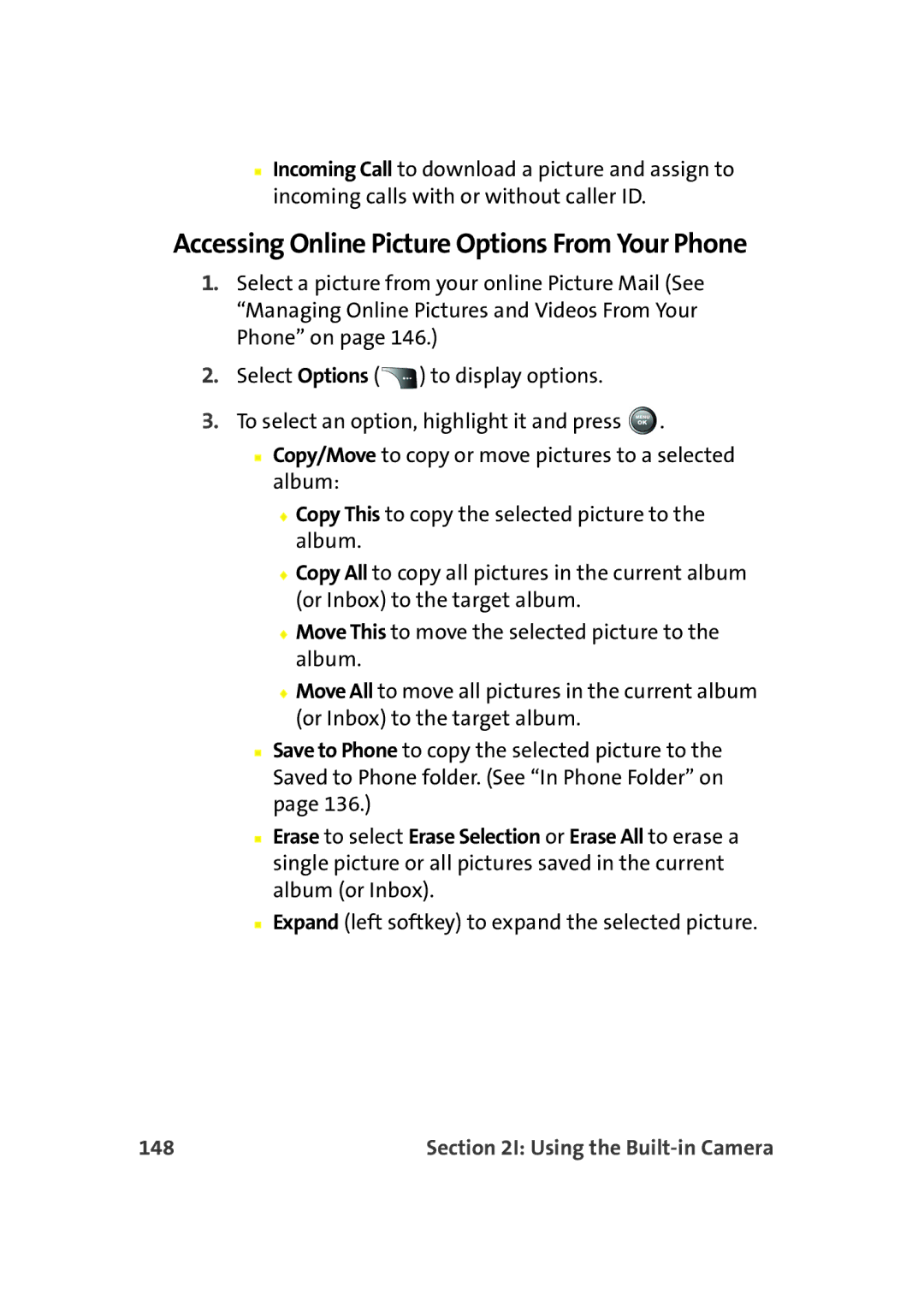 Samsung A900M manual Accessing Online Picture Options From Your Phone, 148 