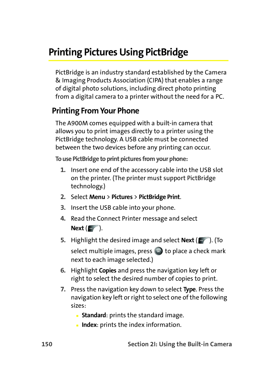 Samsung A900M Printing Pictures Using PictBridge, Printing From Your Phone, Select Menu Pictures PictBridge Print, 150 