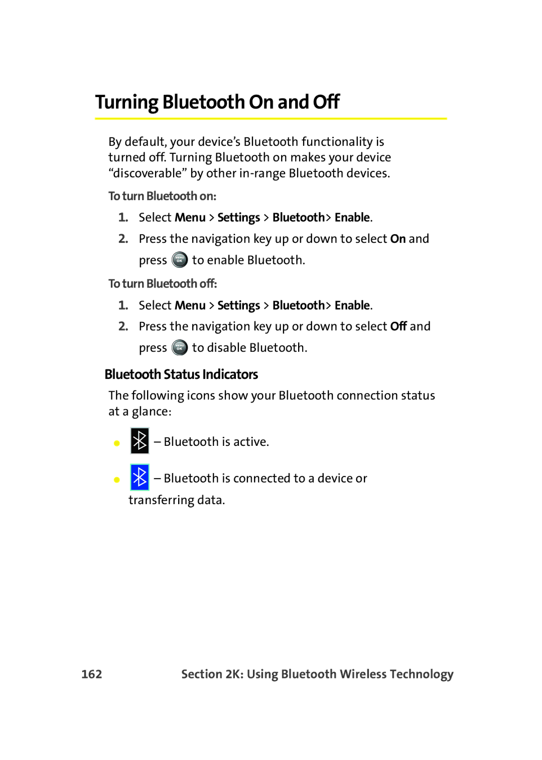 Samsung A900M Turning Bluetooth On and Off, Bluetooth Status Indicators, To turn Bluetooth on, To turn Bluetooth off, 162 