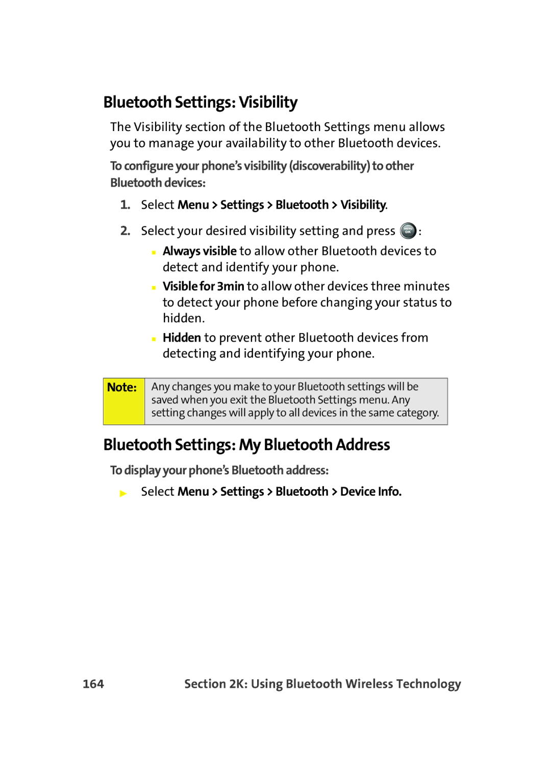 Samsung A900M manual Bluetooth Settings Visibility, Bluetooth Settings My Bluetooth Address, 164 