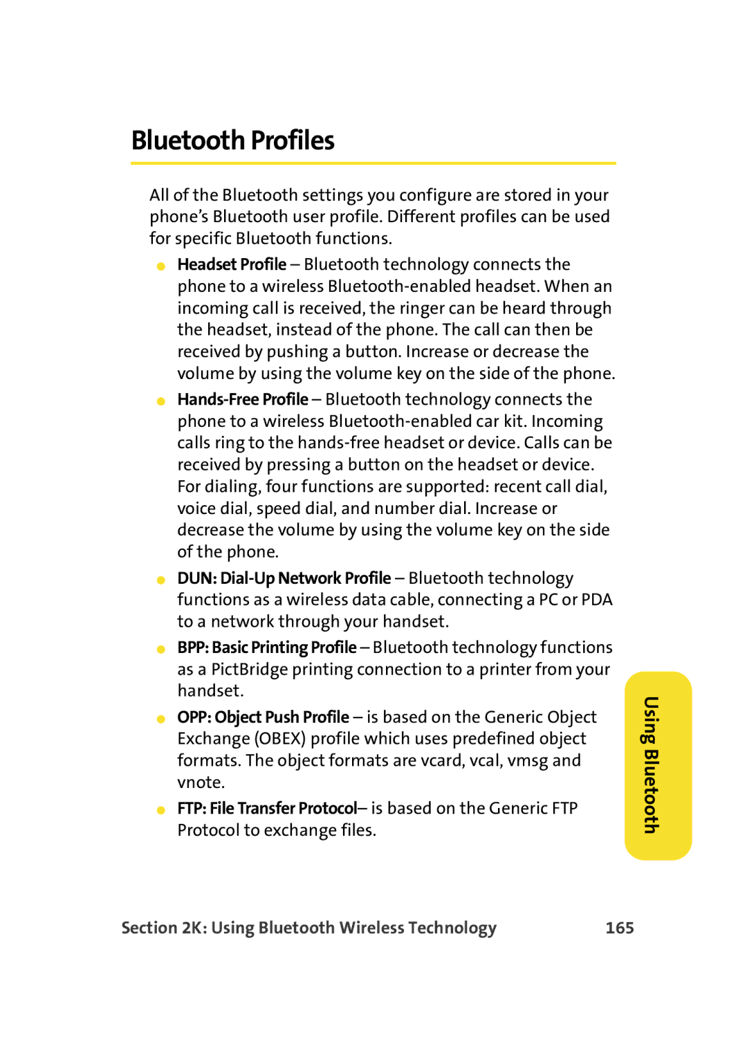 Samsung A900M manual Bluetooth Profiles, Using Bluetooth Wireless Technology 165 