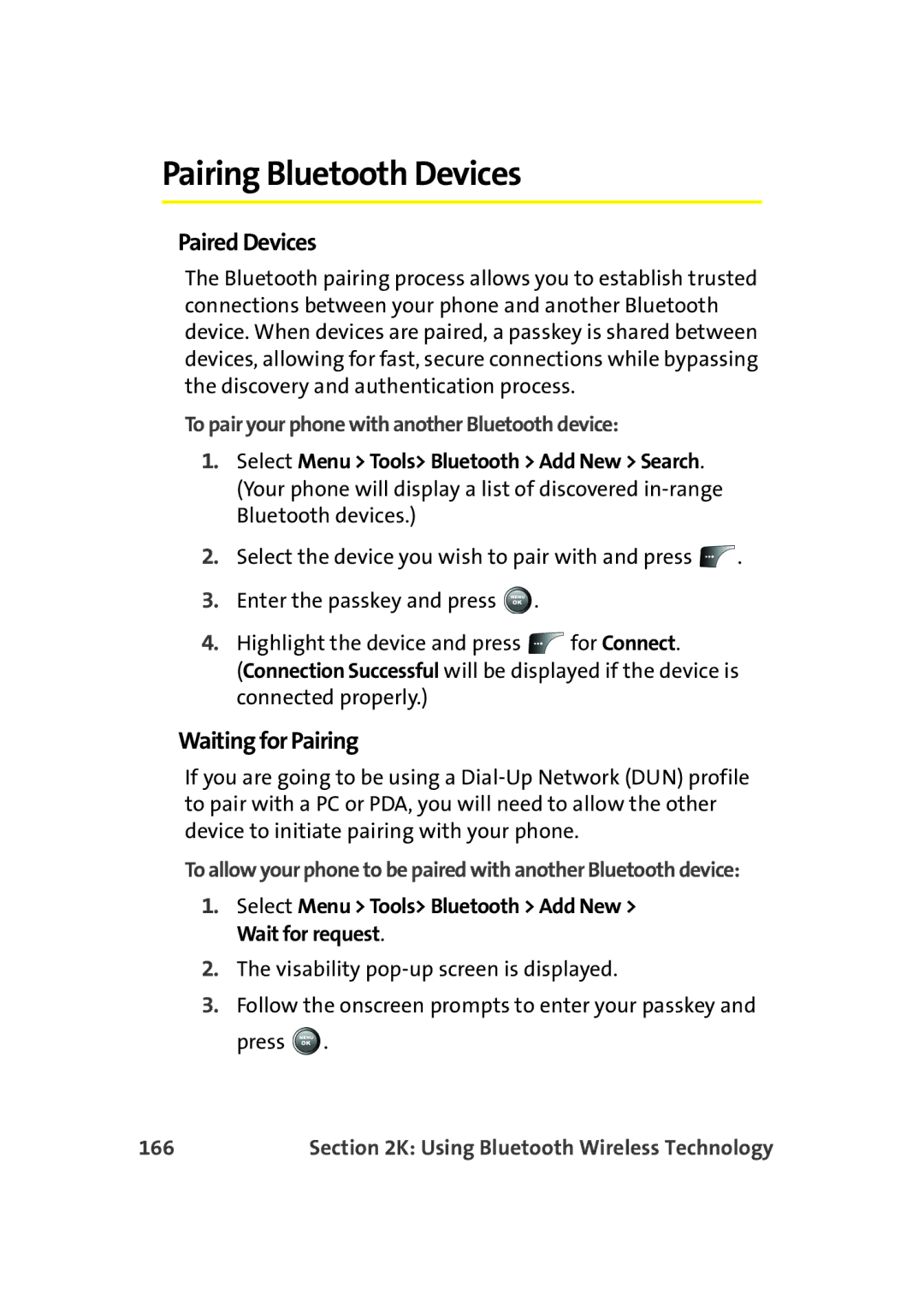 Samsung A900M manual Pairing Bluetooth Devices, Paired Devices, Waiting for Pairing, 166 