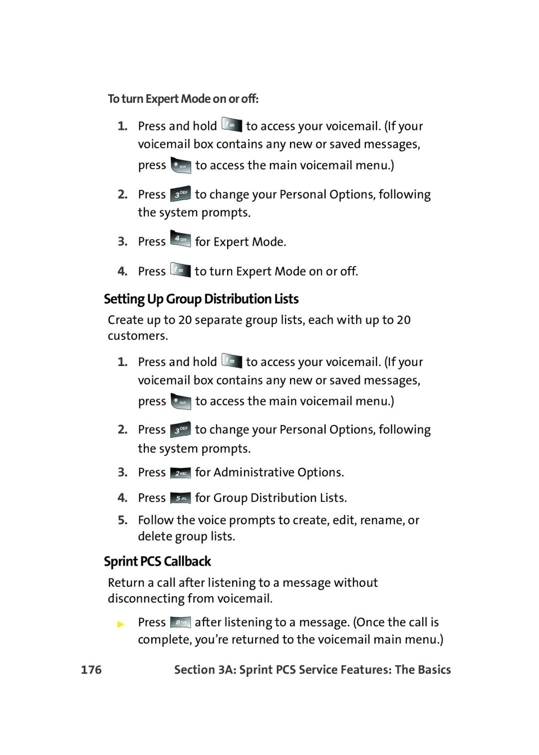 Samsung A900M manual Setting Up Group Distribution Lists, Sprint PCS Callback, To turn Expert Mode on or off, 176 