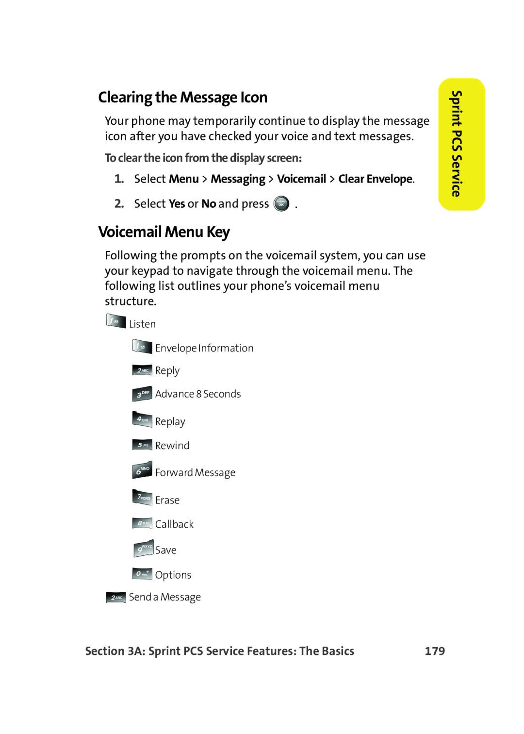 Samsung A900M manual Clearing the Message Icon, Voicemail Menu Key, To clear the icon from the display screen, 179 