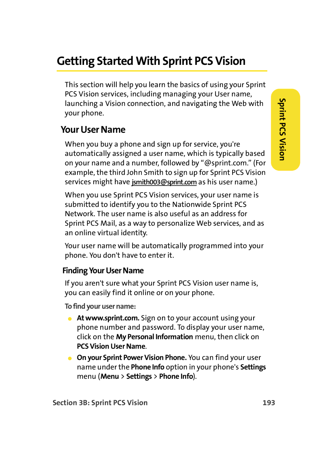 Samsung A900M manual Finding Your User Name, To find your user name, Sprint PCS Vision 193 