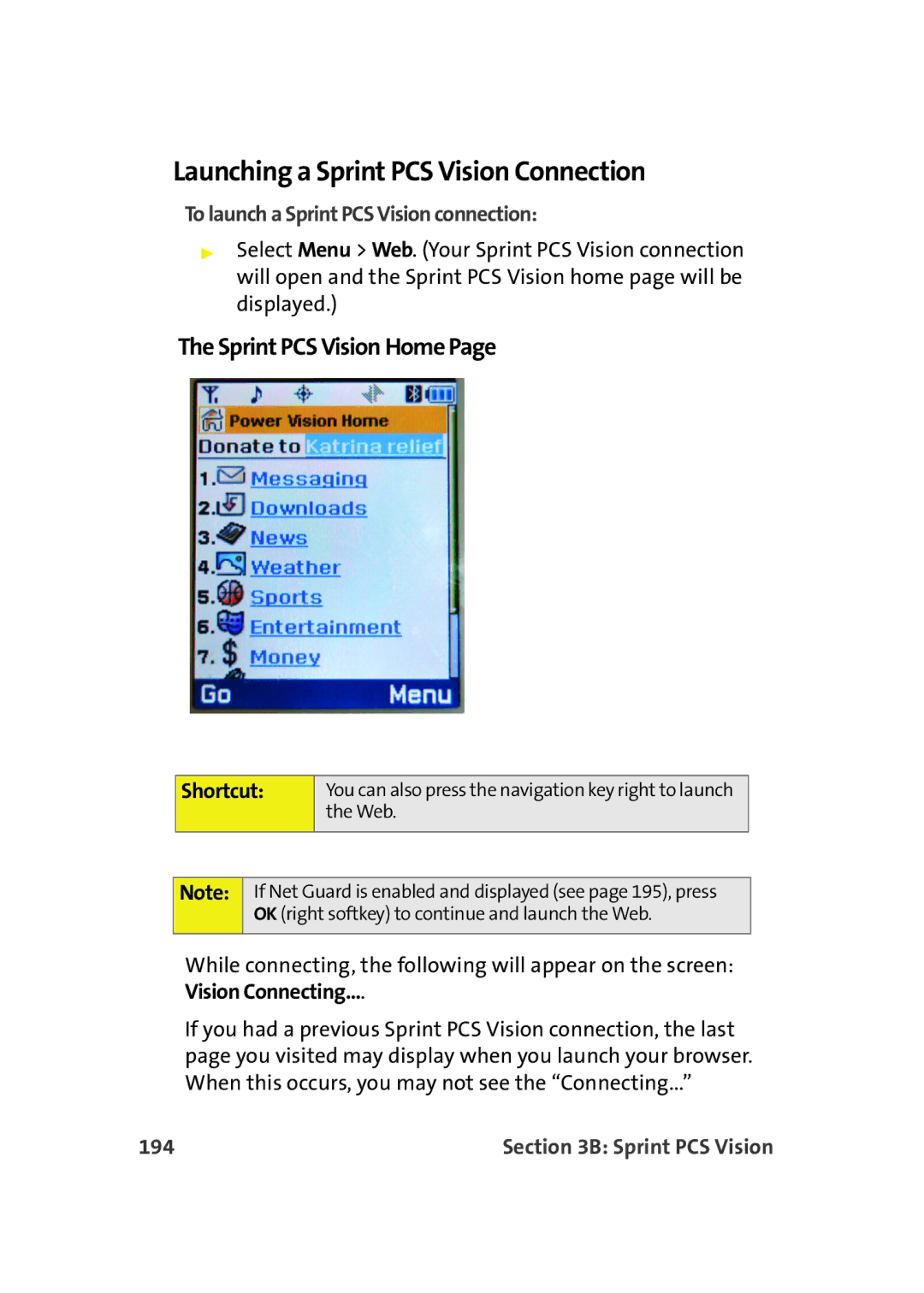 Samsung A900M Launching a Sprint PCS Vision Connection, Sprint PCS Vision Home, To launch a Sprint PCS Vision connection 