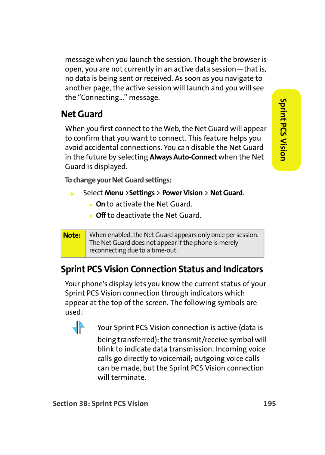 Samsung A900M To change your Net Guard settings, Select Menu Settings Power Vision Net Guard, Sprint PCS Vision 195 