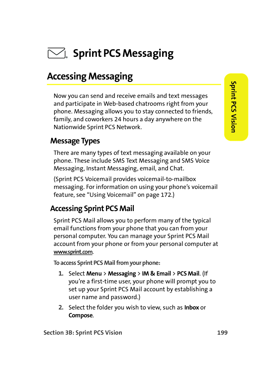 Samsung A900M manual Sprint PCS Messaging, Accessing Messaging, Message Types, Accessing Sprint PCS Mail 