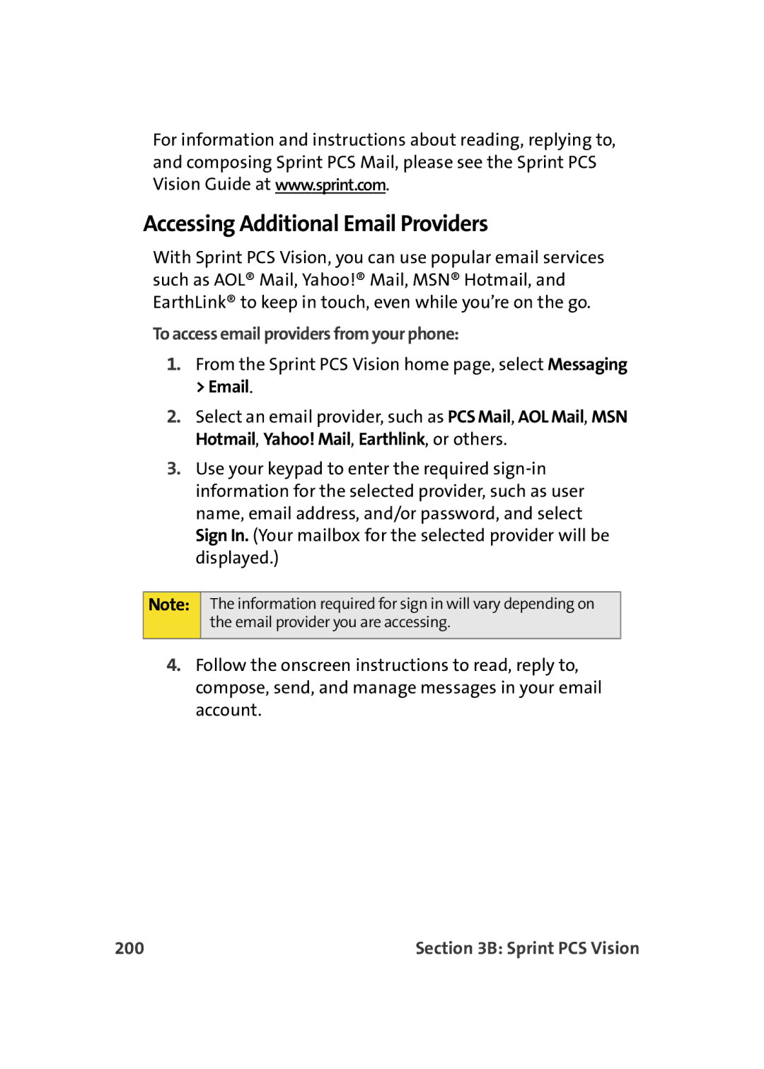 Samsung A900M manual Accessing Additional Email Providers, To access email providers from your phone, 200 