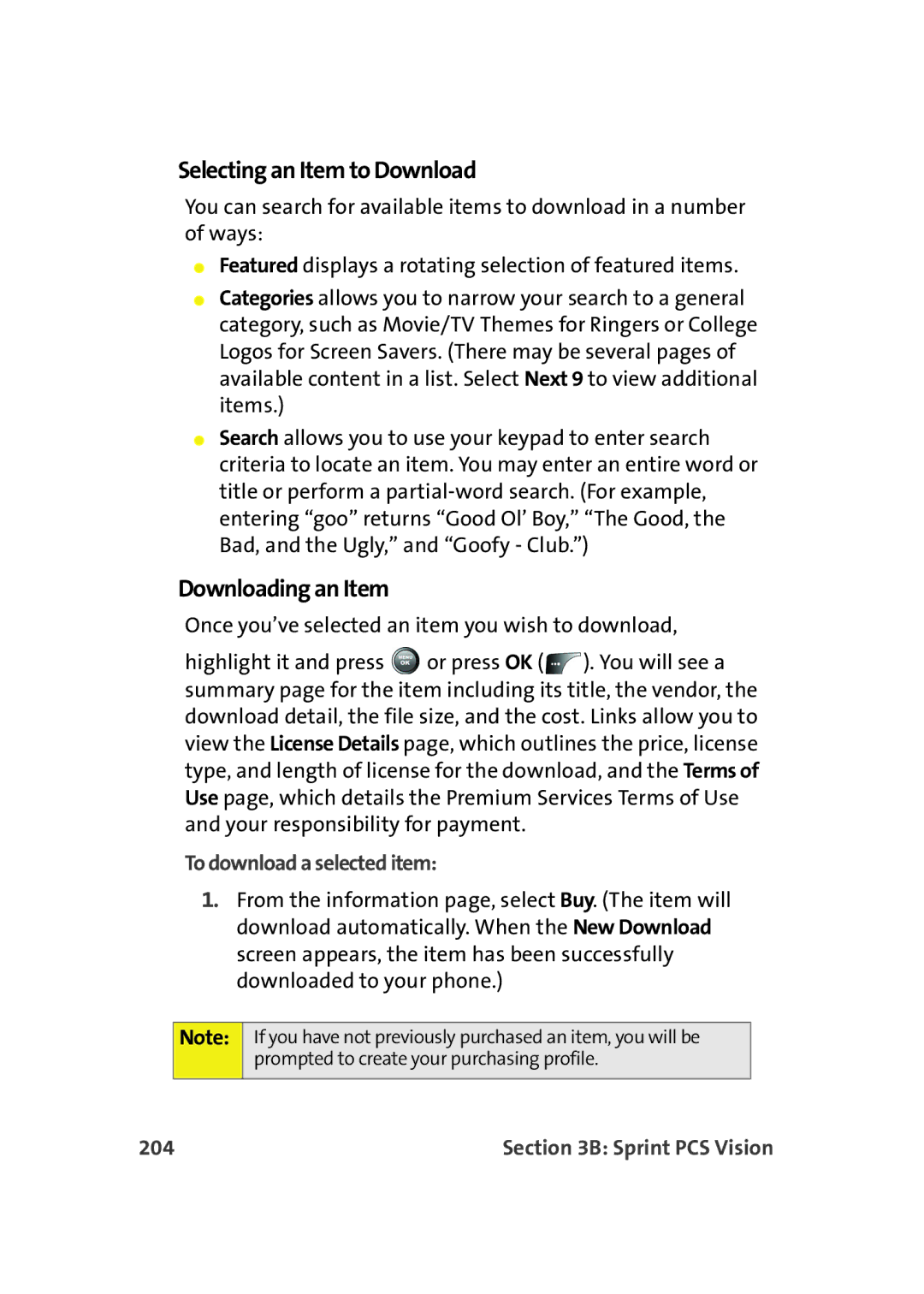 Samsung A900M manual Selecting an Item to Download, Downloading an Item, To download a selected item, 204 