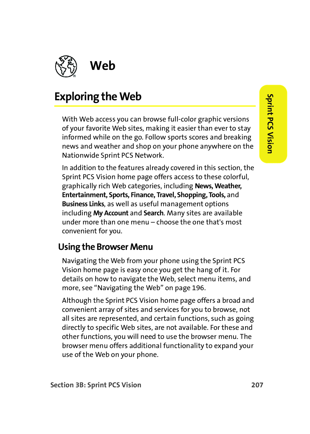 Samsung A900M manual Exploring the Web, Using the Browser Menu, Sprint PCS Vision 207 