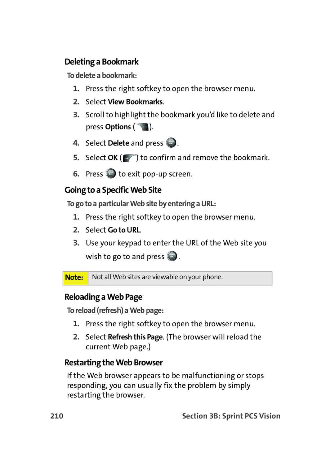 Samsung A900M manual Deleting a Bookmark, Going to a Specific Web Site, Reloading a Web, Restarting the Web Browser 