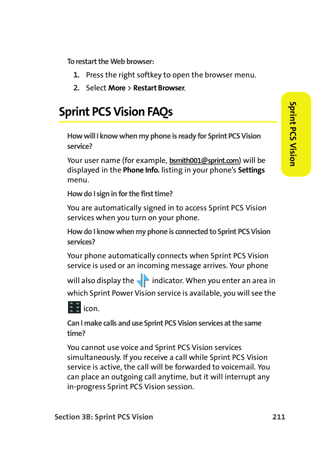 Samsung A900M manual Sprint PCS Vision FAQs, To restart the Web browser, Select More Restart Browser, Sprint PCS Vision 211 