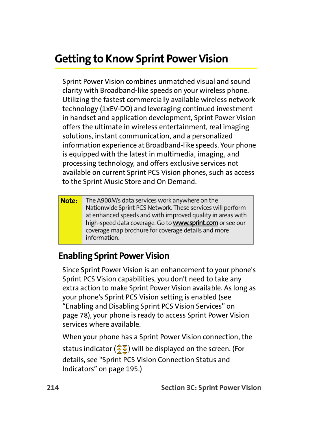 Samsung A900M manual Getting to Know Sprint Power Vision, Enabling Sprint Power Vision, 214 