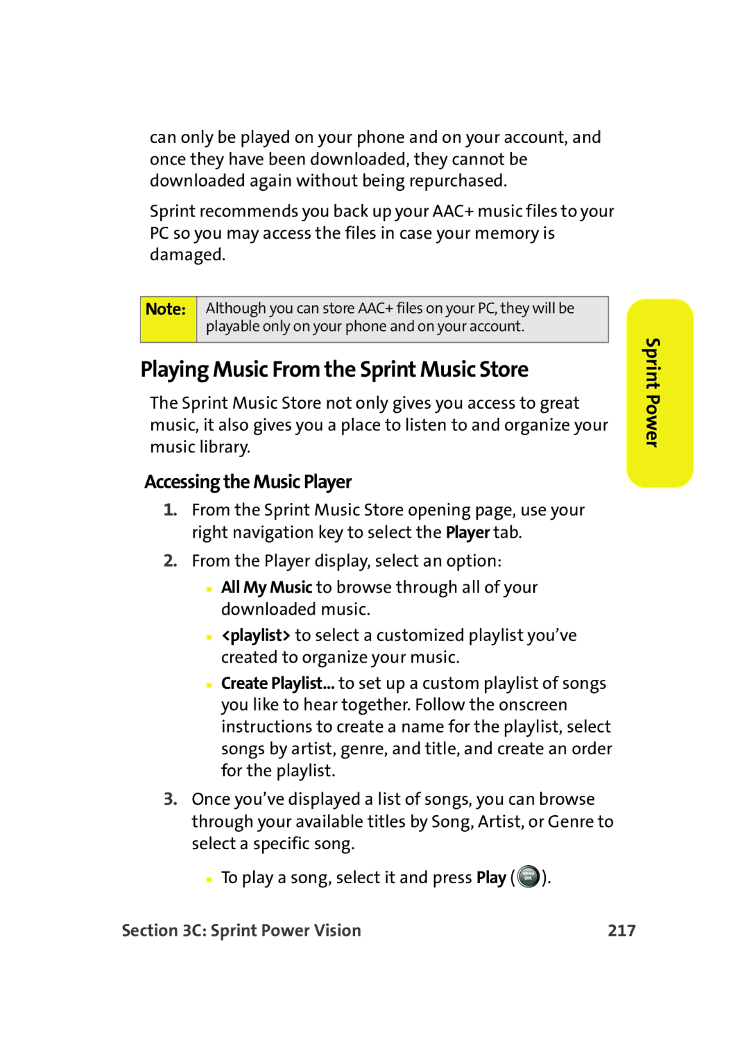 Samsung A900M manual Playing Music From the Sprint Music Store, Accessing the Music Player, Sprint Power Vision 217 