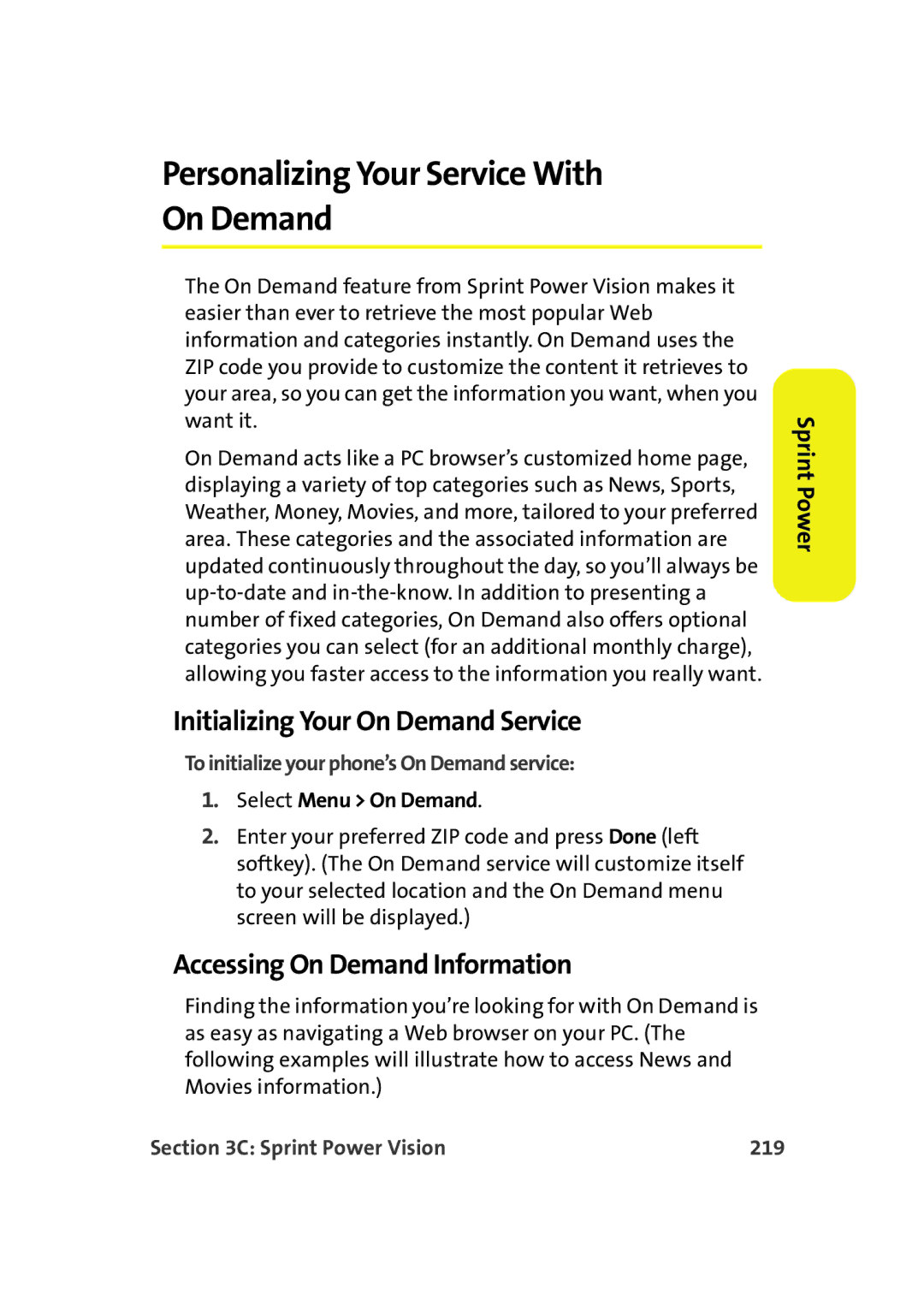 Samsung A900M Personalizing Your Service With On Demand, Initializing Your On Demand Service, Sprint Power Vision 219 