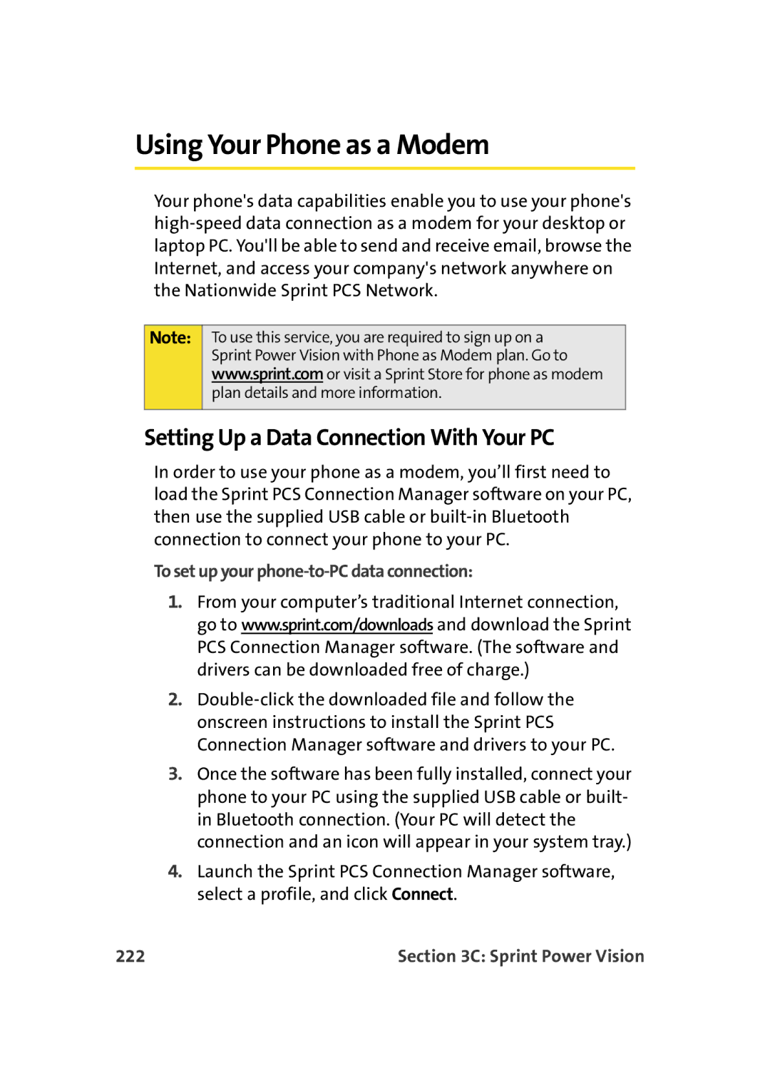 Samsung A900M manual Using Your Phone as a Modem, Setting Up a Data Connection With Your PC, 222 