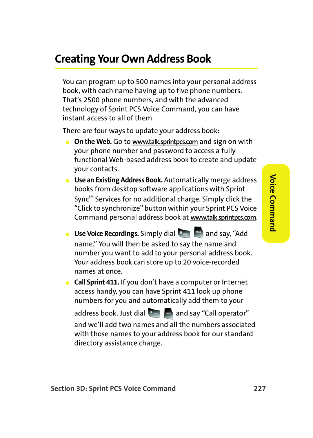 Samsung A900M manual Creating Your Own Address Book, Sprint PCS Voice Command 227 