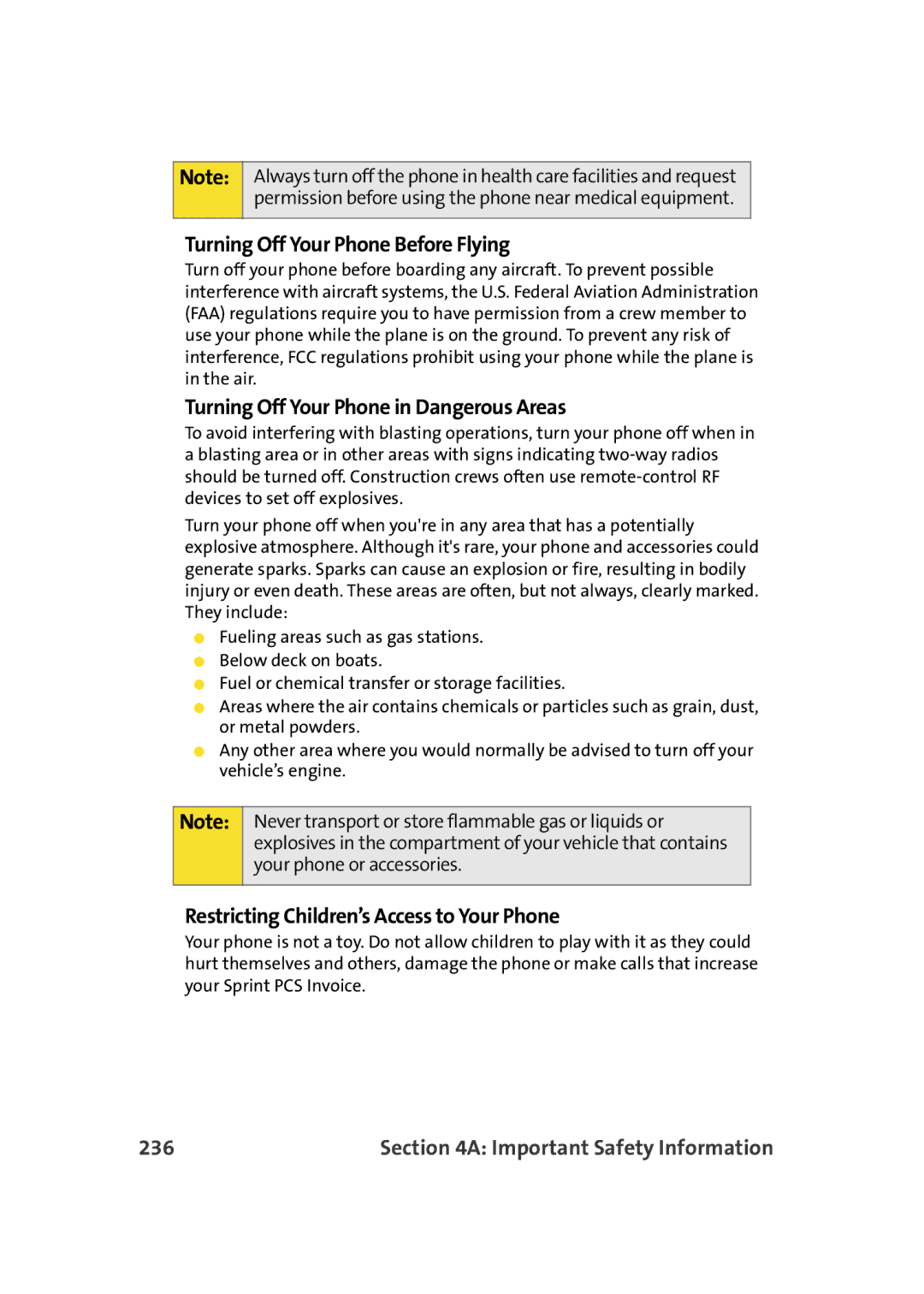 Samsung A900M manual Turning Off Your Phone Before Flying, Turning Off Your Phone in Dangerous Areas, 236 