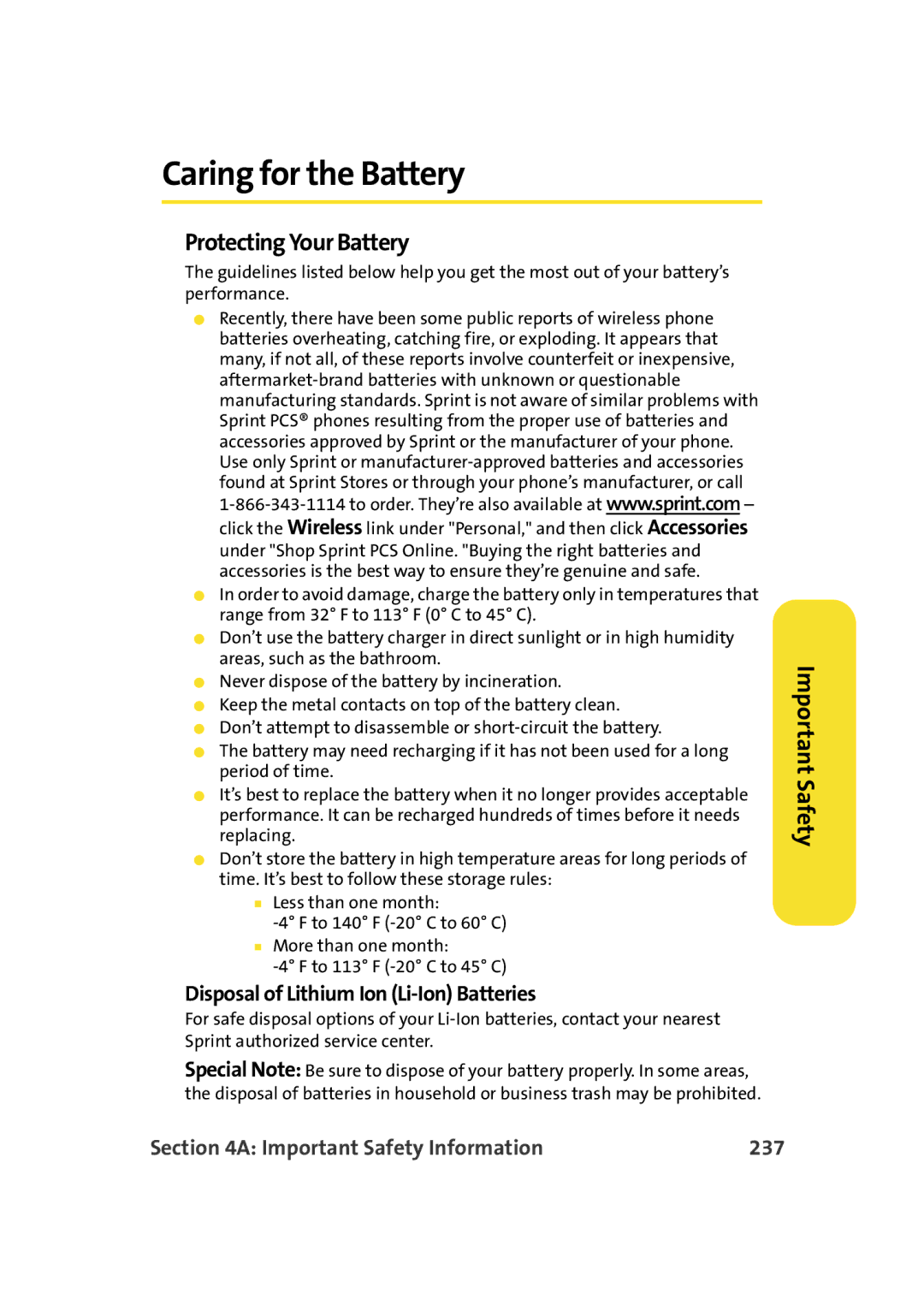 Samsung A900M manual Caring for the Battery, Protecting Your Battery, Disposal of Lithium Ion Li-Ion Batteries 