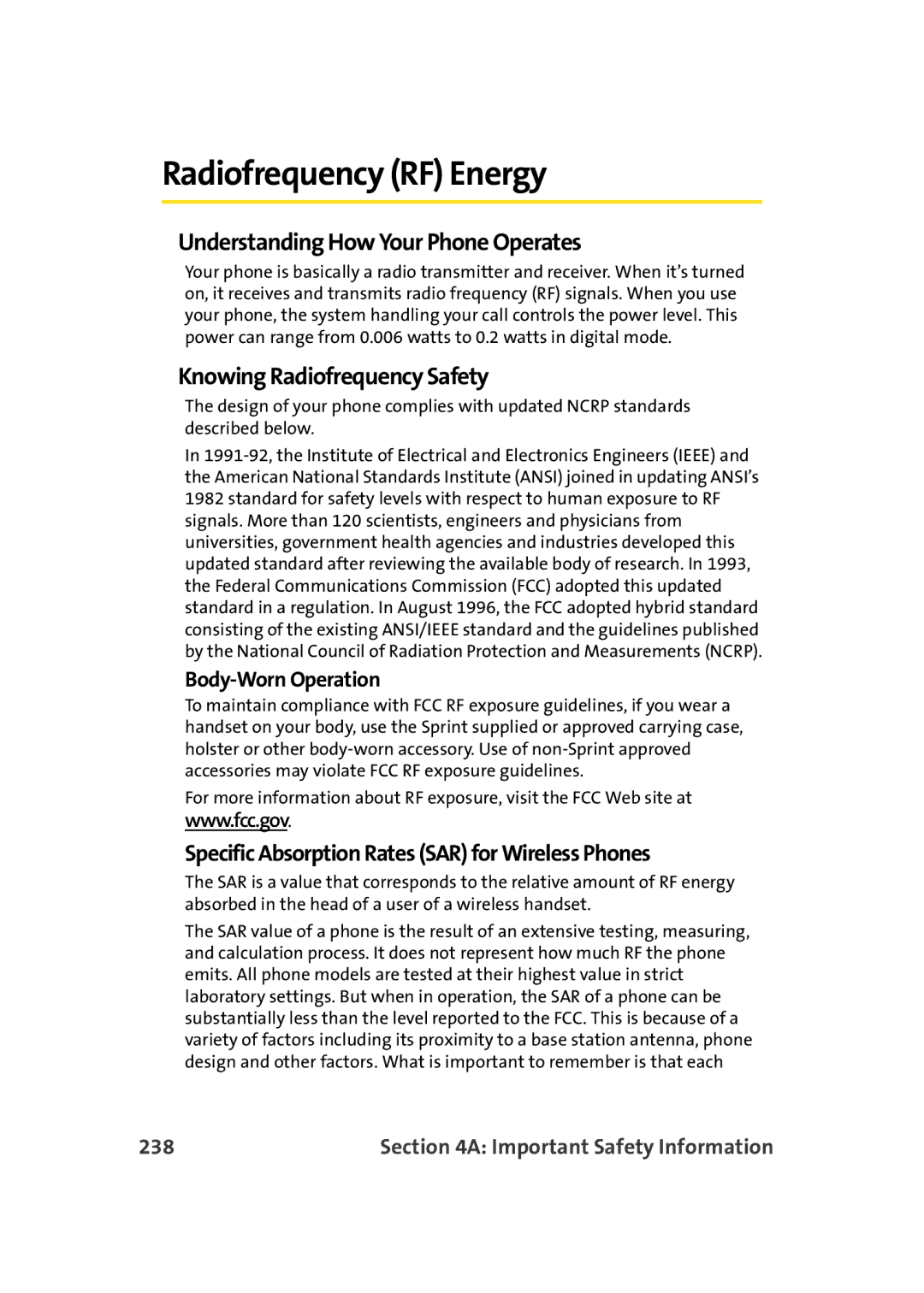 Samsung A900M manual Radiofrequency RF Energy, Understanding How Your Phone Operates, Knowing Radiofrequency Safety, 238 