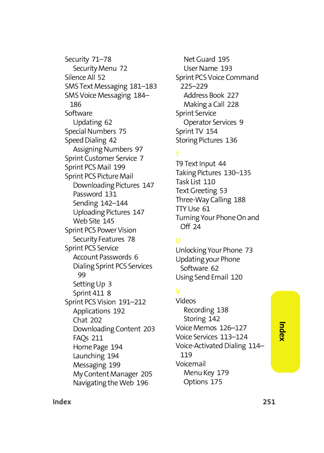 Samsung A900M manual Index, 251 