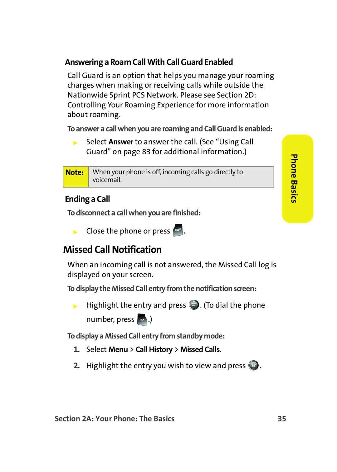 Samsung A900M manual Missed Call Notification, Answering a Roam Call With Call Guard Enabled, Ending a Call 