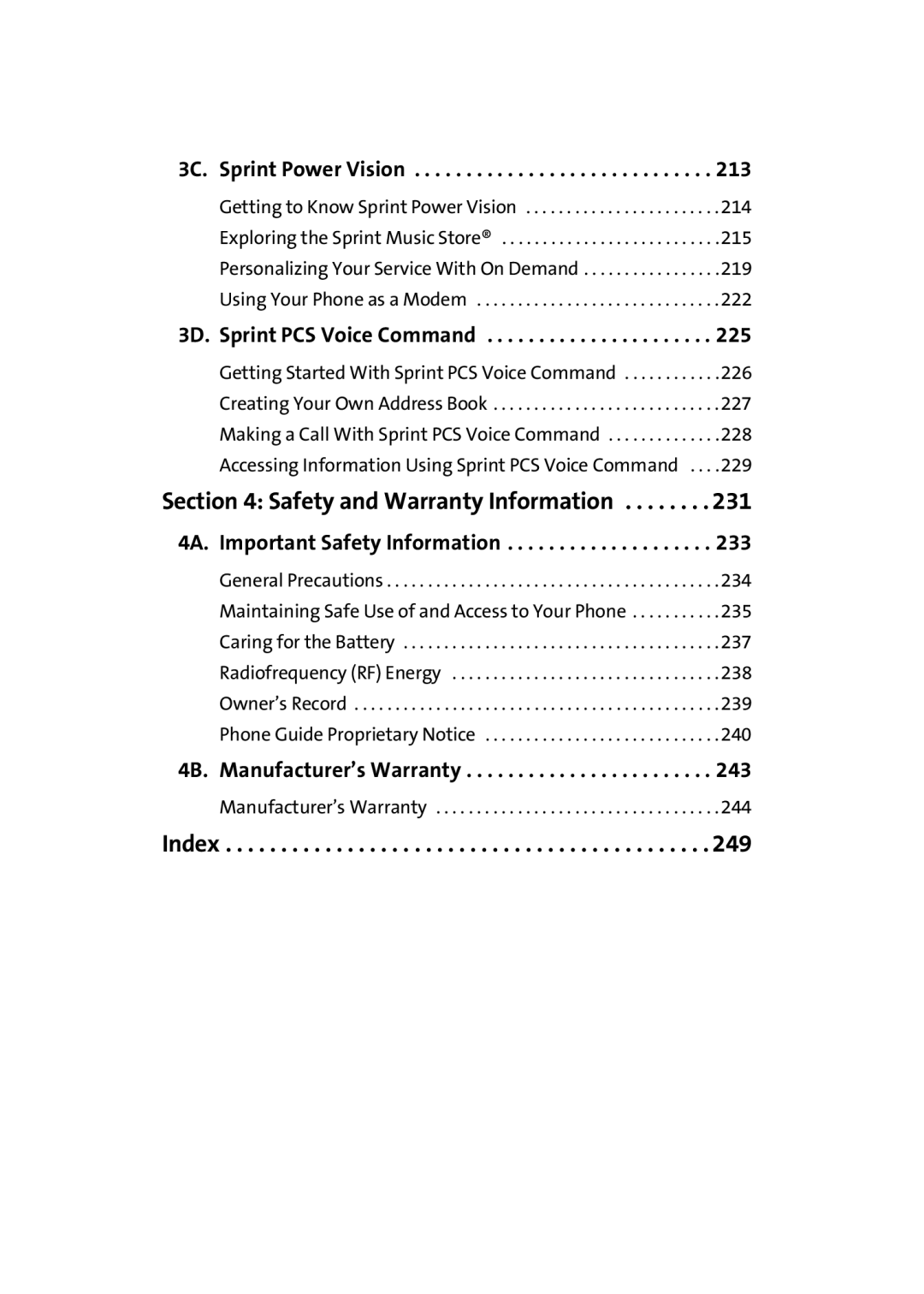 Samsung A900M manual Safety and Warranty Information, 3C. Sprint Power Vision, 3D. Sprint PCS Voice Command 