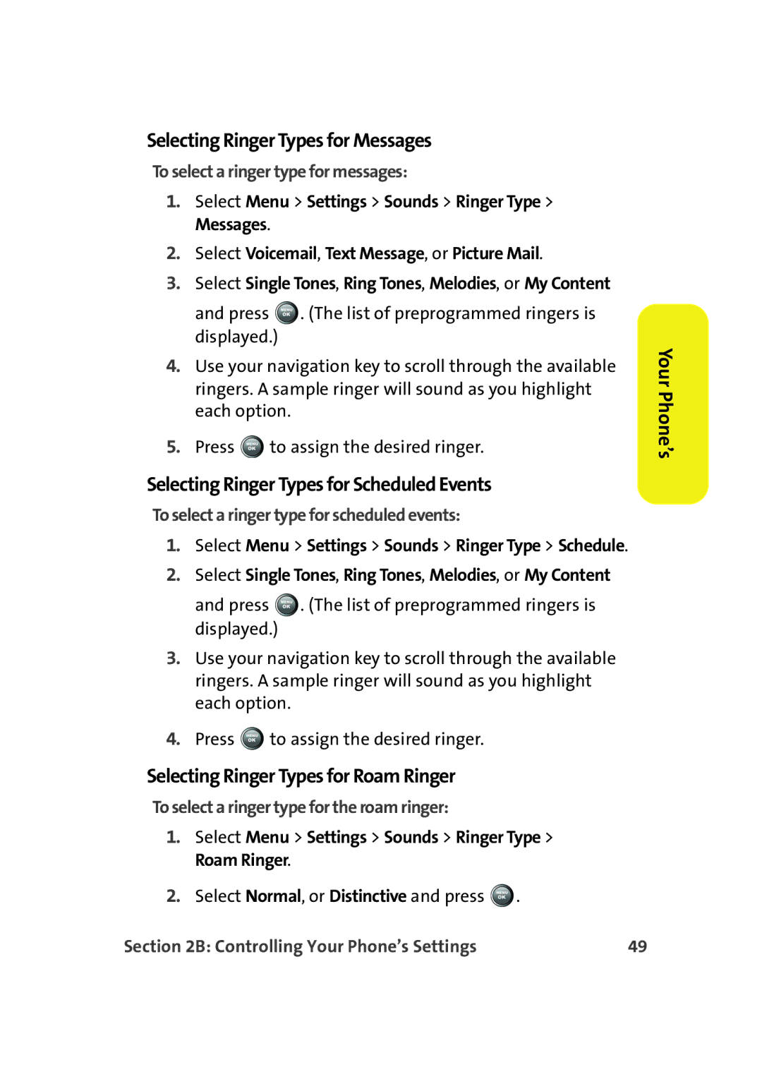 Samsung A900M manual Selecting Ringer Types for Messages, Selecting Ringer Types for Scheduled Events 