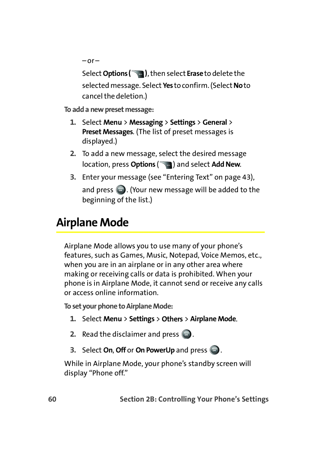 Samsung A900M manual To add a new preset message, To set your phone to Airplane Mode 