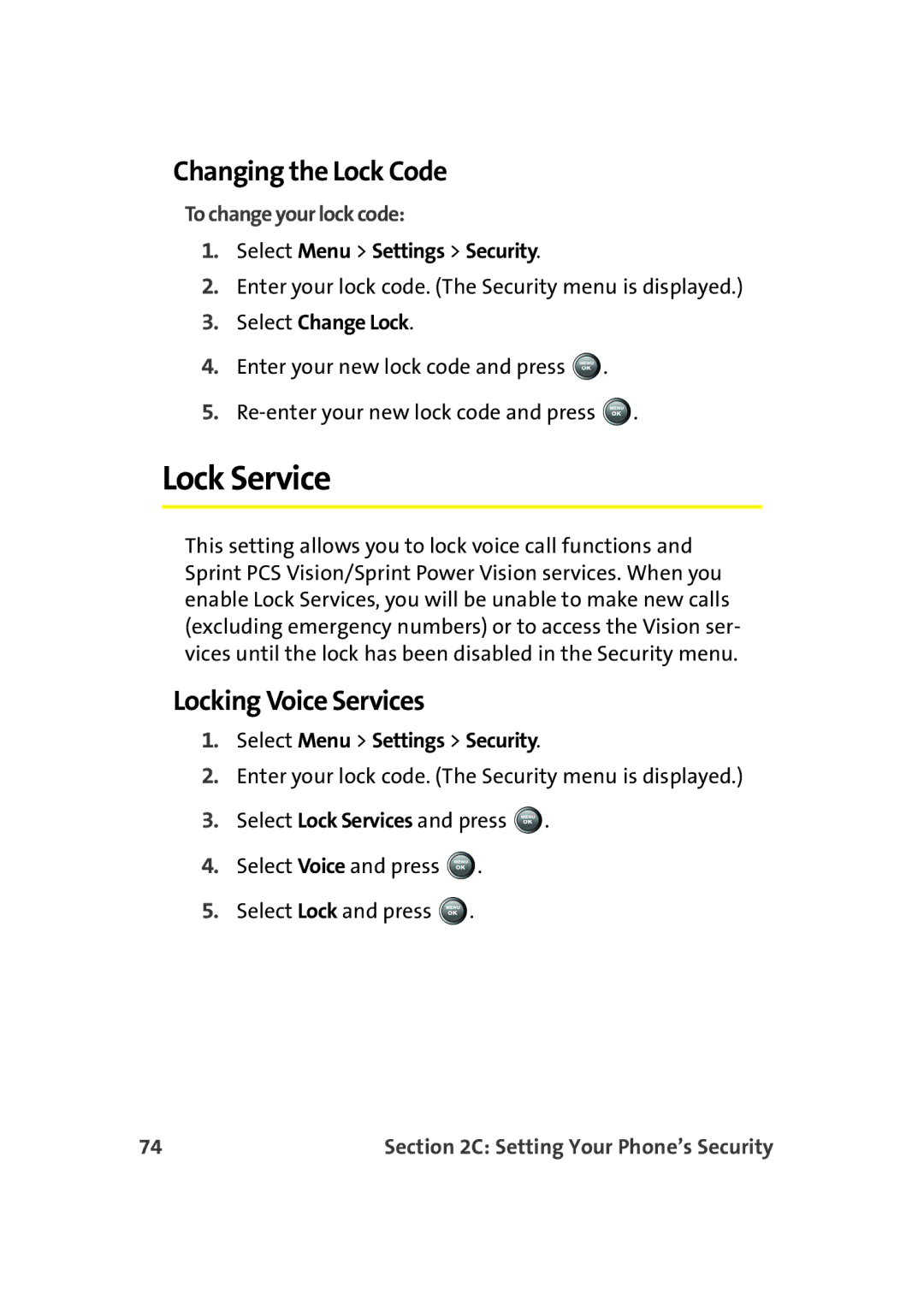 Samsung A900M Lock Service, Changing the Lock Code, Locking Voice Services, To change your lock code, Select Change Lock 