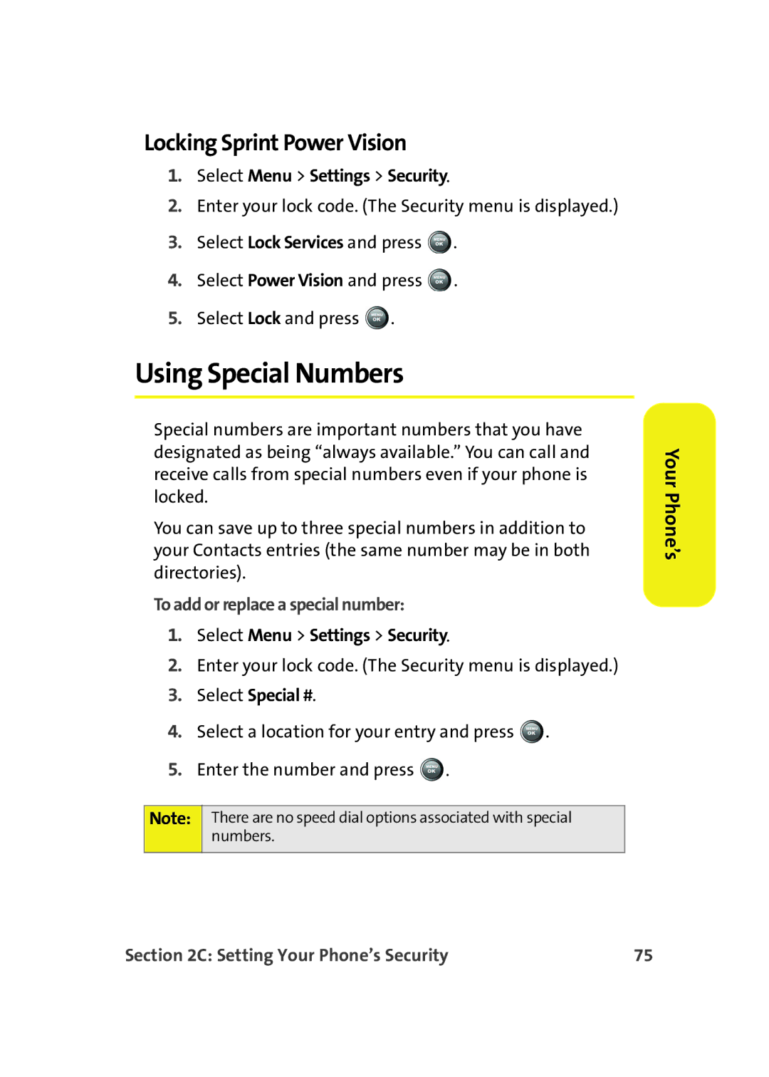 Samsung A900M Using Special Numbers, Locking Sprint Power Vision, To add or replace a special number, Select Special # 