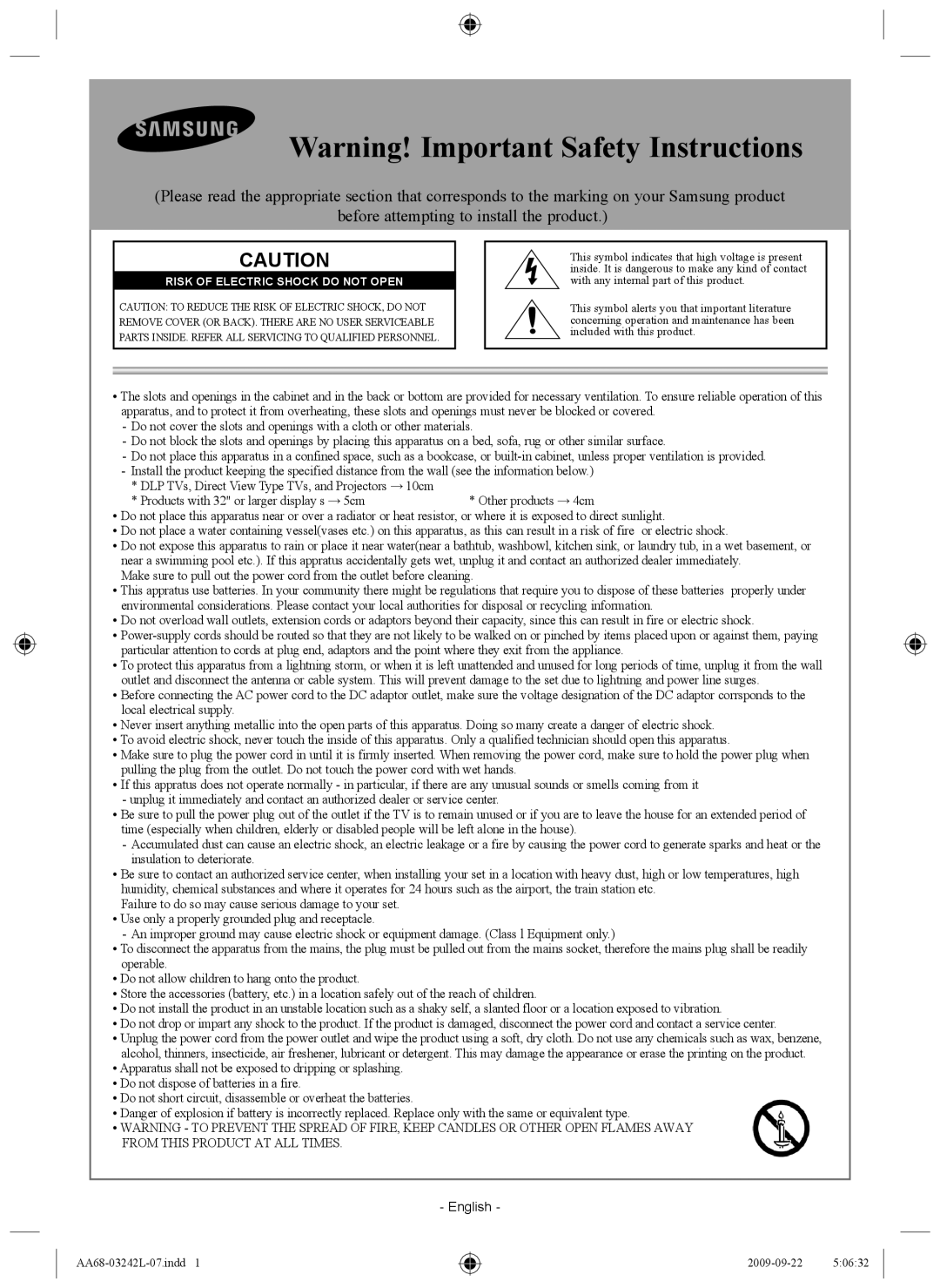 Samsung AA68-03242L-07 important safety instructions Risk of Electric Shock do not Open 