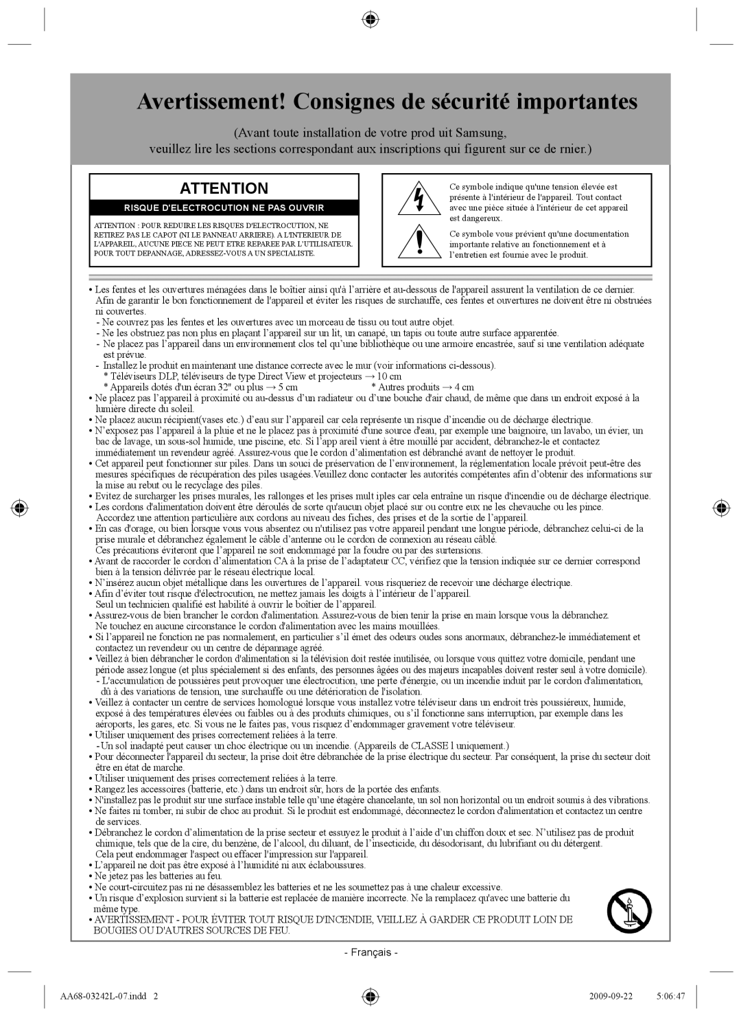 Samsung AA68-03242L-07 Avertissement! Consignes de sécurité importantes, Risque Delectrocution NE PAS Ouvrir 