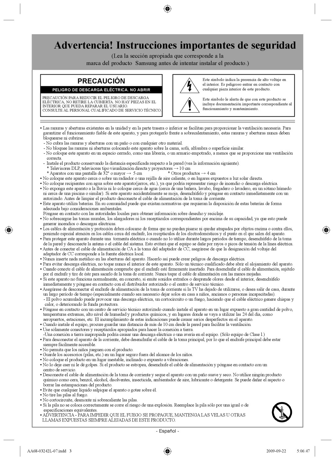 Samsung AA68-03242L-07 important safety instructions Advertencia! Instrucciones importantes de seguridad, Precaución 