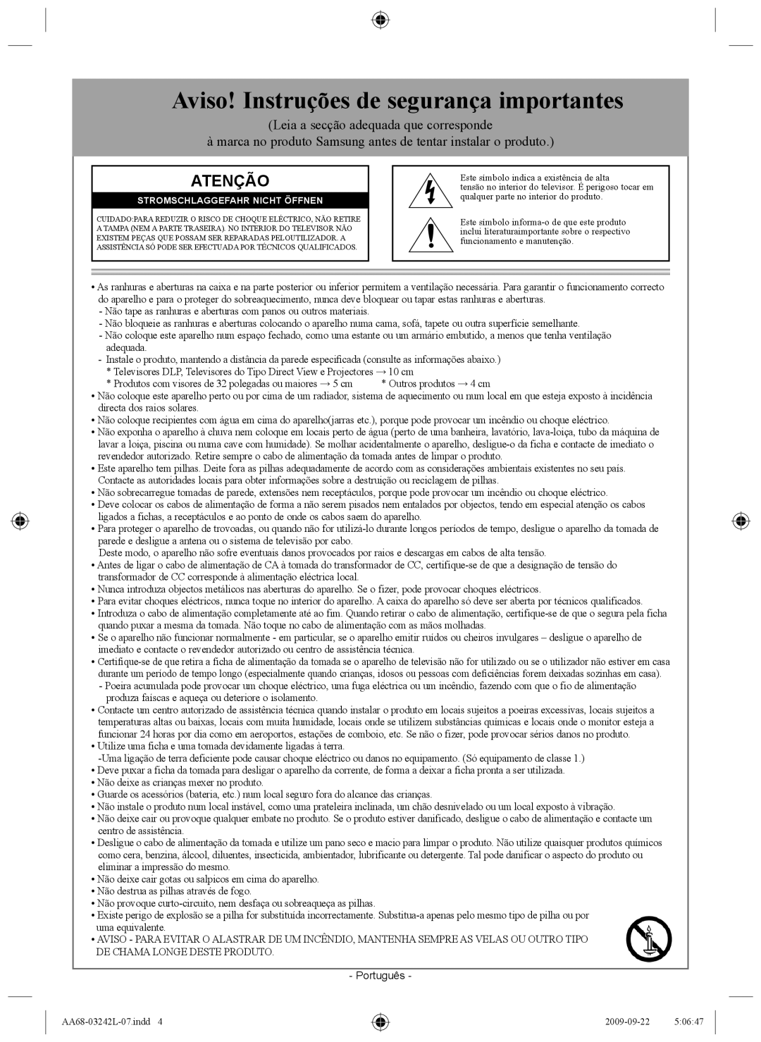 Samsung AA68-03242L-07 Aviso! Instruções de segurança importantes, Atenção, Stromschlaggefahr Nicht Öffnen 