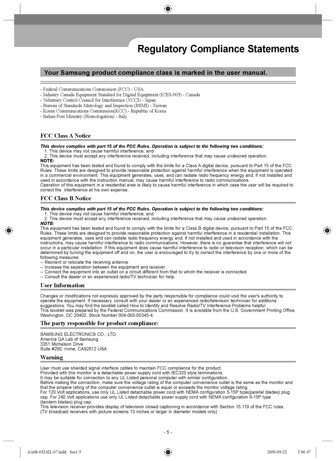 Samsung AA68-03242L-07 important safety instructions Regulatory Compliance Statements, FCC Class a Notice 