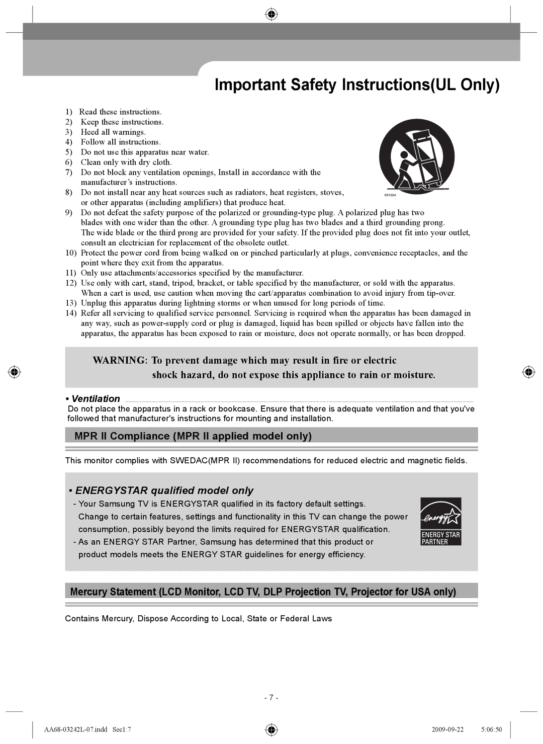 Samsung AA68-03242L-07 important safety instructions Important Safety InstructionsUL Only, Ventilation 