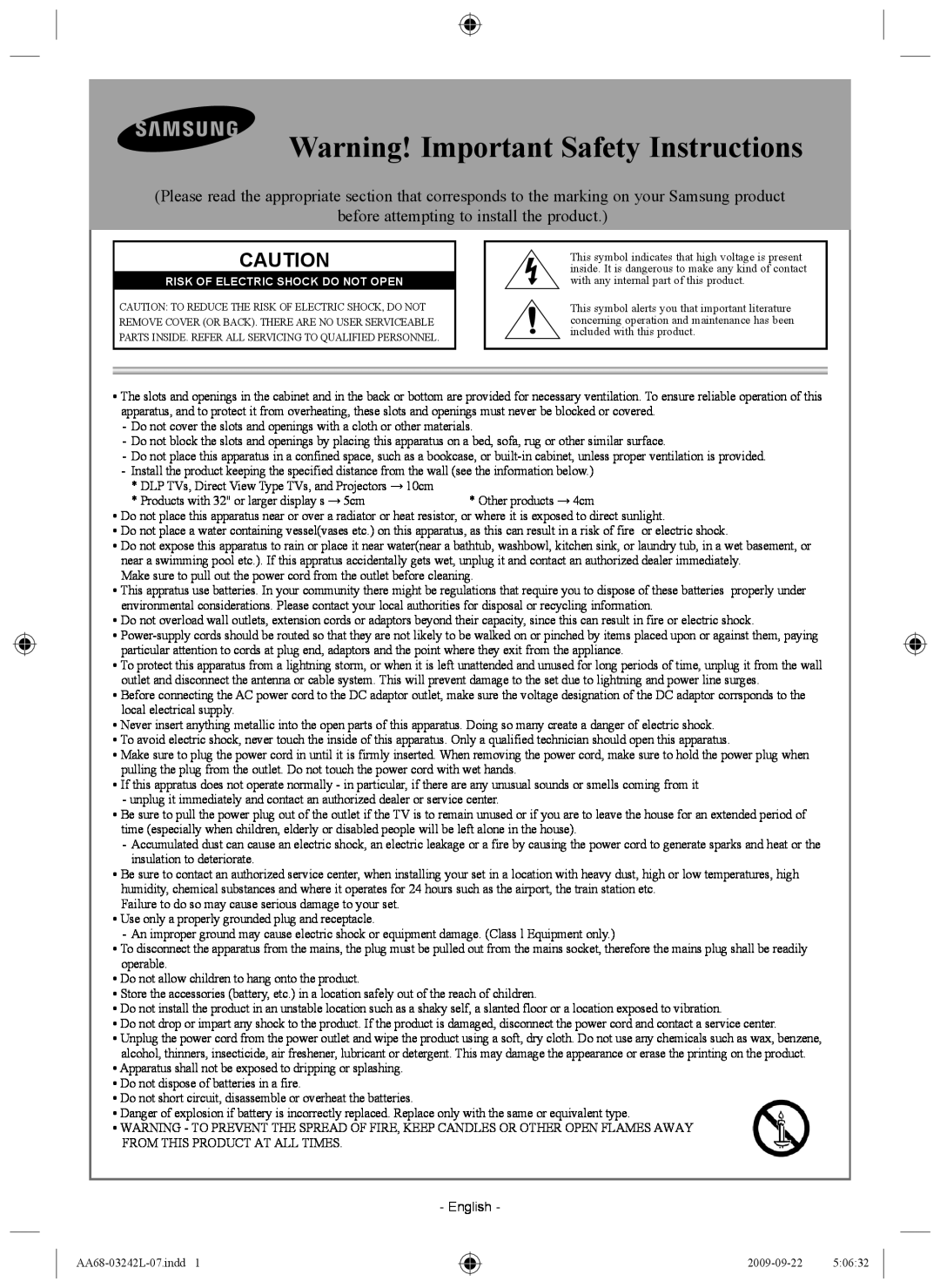 Samsung AA68-03242L-07 important safety instructions Warning! Important Safety Instructions 