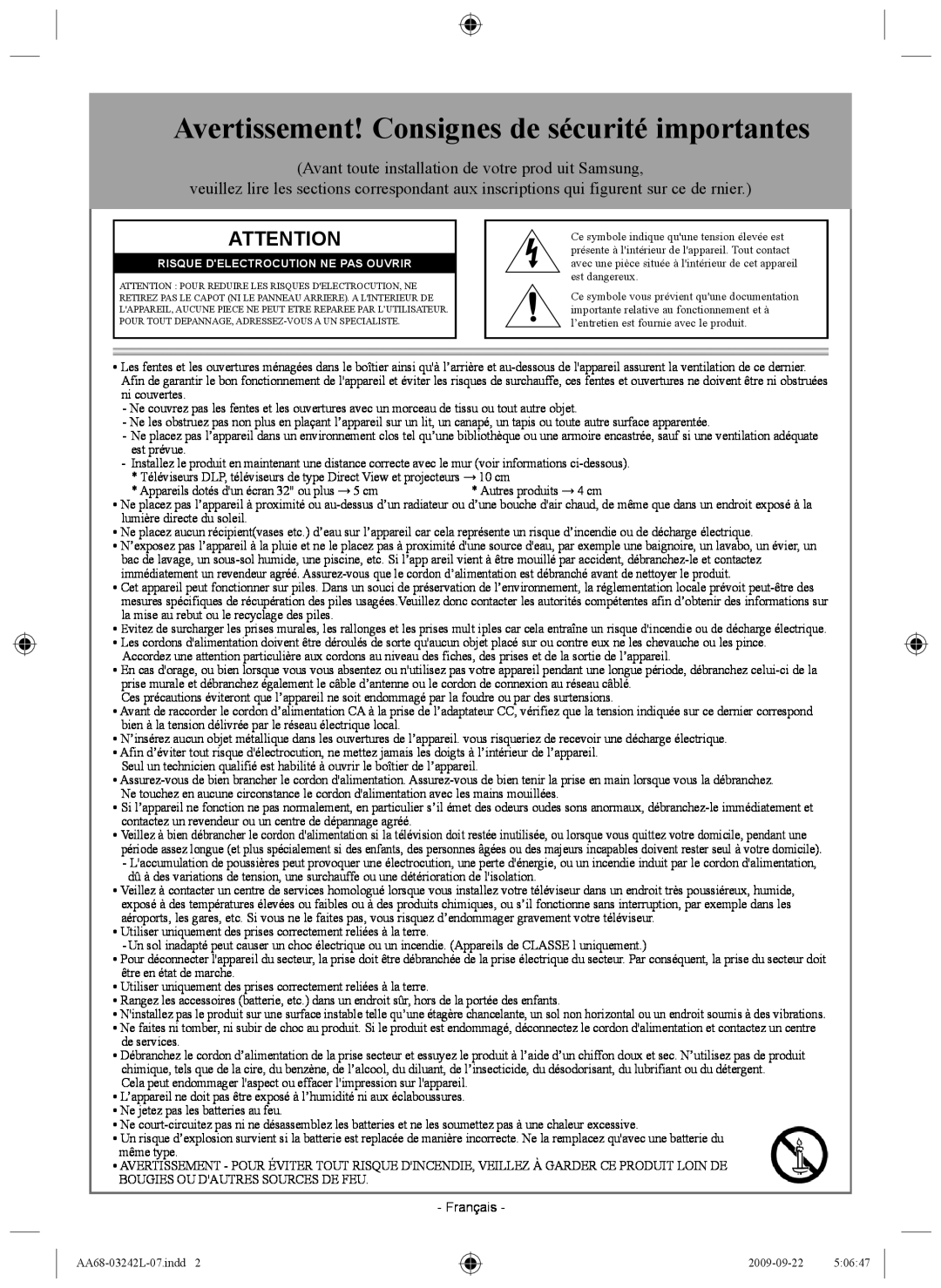 Samsung AA68-03242L-07 important safety instructions Avertissement! Consignes de sécurité importantes 